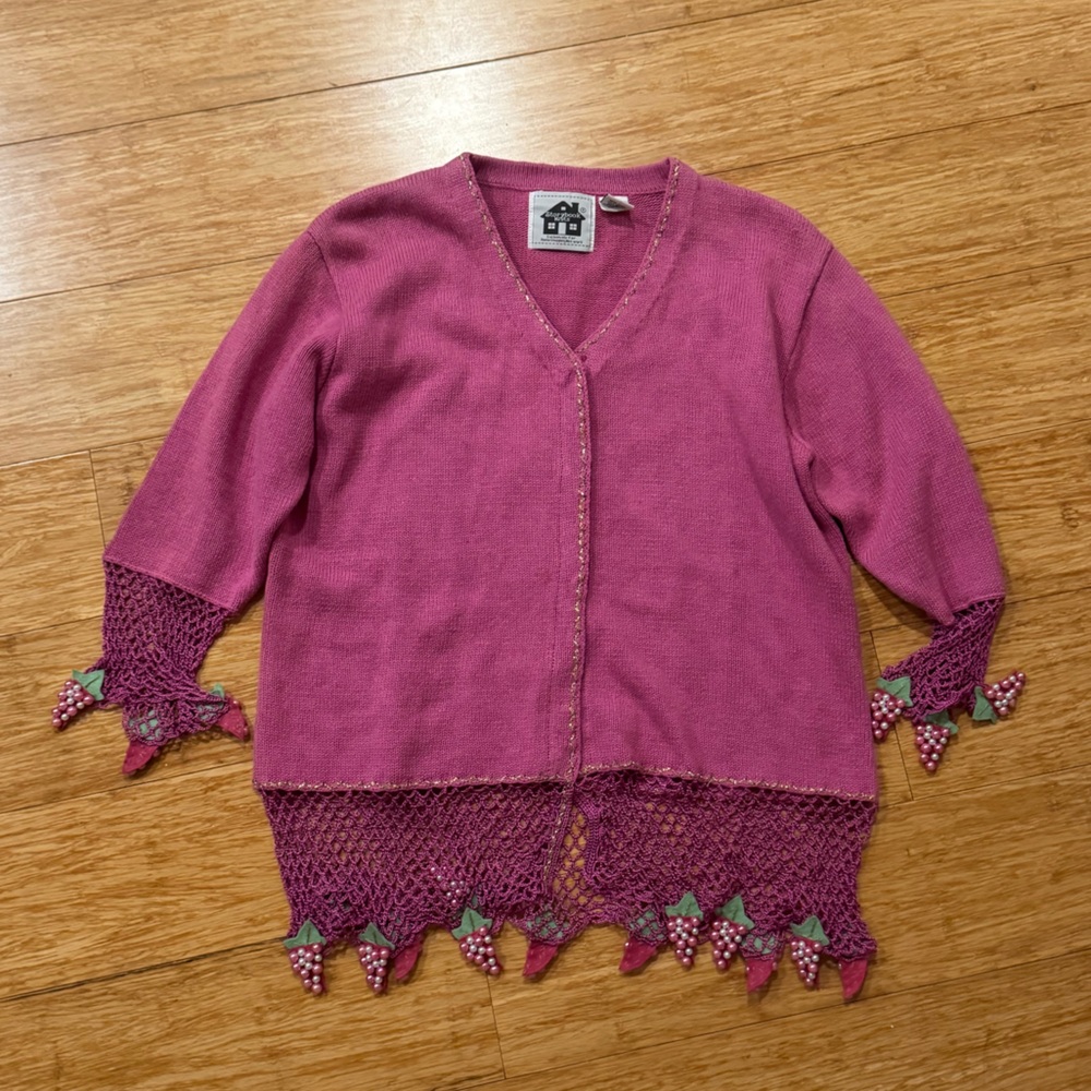 Storybook Knits pink grapevine wine theme 3/4 sleeve cardigan